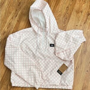 VANS KASSLE KROPLEY HALF ZIP CROPPED WINDBREAKER RAIN JACKET PINK WHITE L